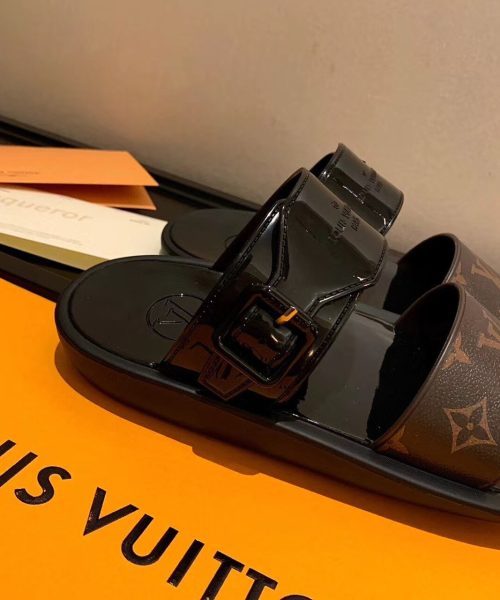 Louis Vuitton Sunbath Flat Mule Shiny Rubber Black For Women LV