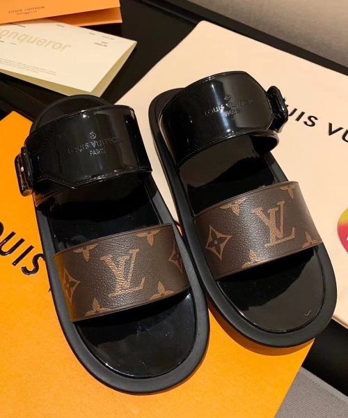 Louis Vuitton Sunbath Flat Mule Shiny Rubber Black For Women LV