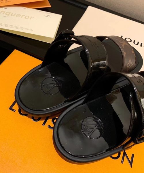 Louis Vuitton Sunbath Flat Mule Shiny Rubber Black For Women LV