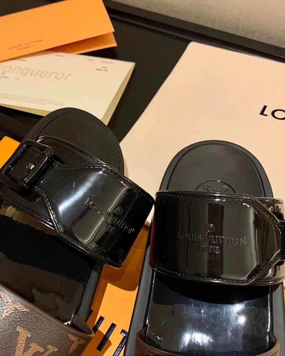 Louis Vuitton Sunbath Flat Mule Shiny Rubber Black For Women LV