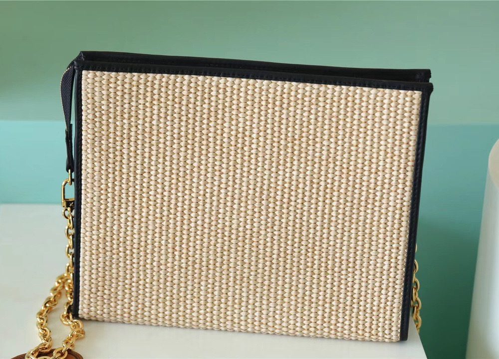1:1 Replica Louis Vuitton Toiletry Pouch on Chain Raffia Natural /Black For Women, Women's Wallets 9.8in/25cm LV M81366