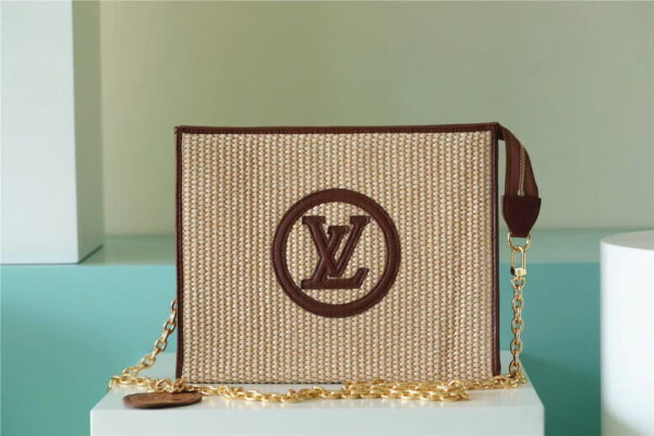 Louis Vuitton Toiletry Pouch on Chain Raffia Natural /Ceramel Brown  For Women, Women's Wallets 9.8in/25cm LV