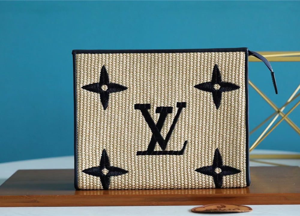 1:1 Replica Louis Vuitton Toiletry Pouch Raffia Natural /Black For Women, Women's Wallets 9.8in/25cm LV