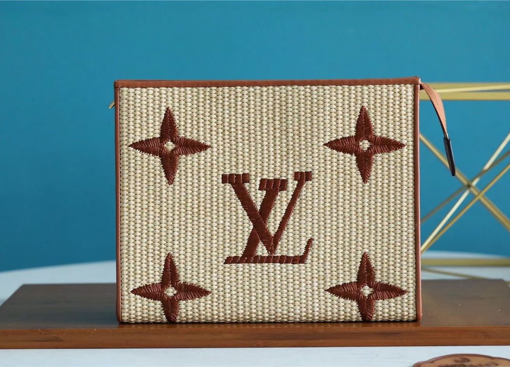 1:1 Replica Louis Vuitton Toiletry Pouch Raffia Natural /Caramel Brown For Women, Women's Wallets 9.8in/25cm LV