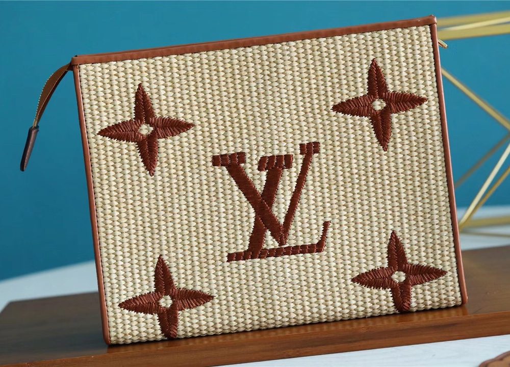 1:1 Replica Louis Vuitton Toiletry Pouch Raffia Natural /Caramel Brown For Women, Women's Wallets 9.8in/25cm LV