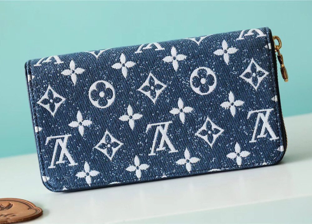 1:1 Replica Louis Vuitton Zippy Wallet Monogram Jacquard Denim Navy Blue For Women, Women's Wallets 7.7in/19.5cm LV
