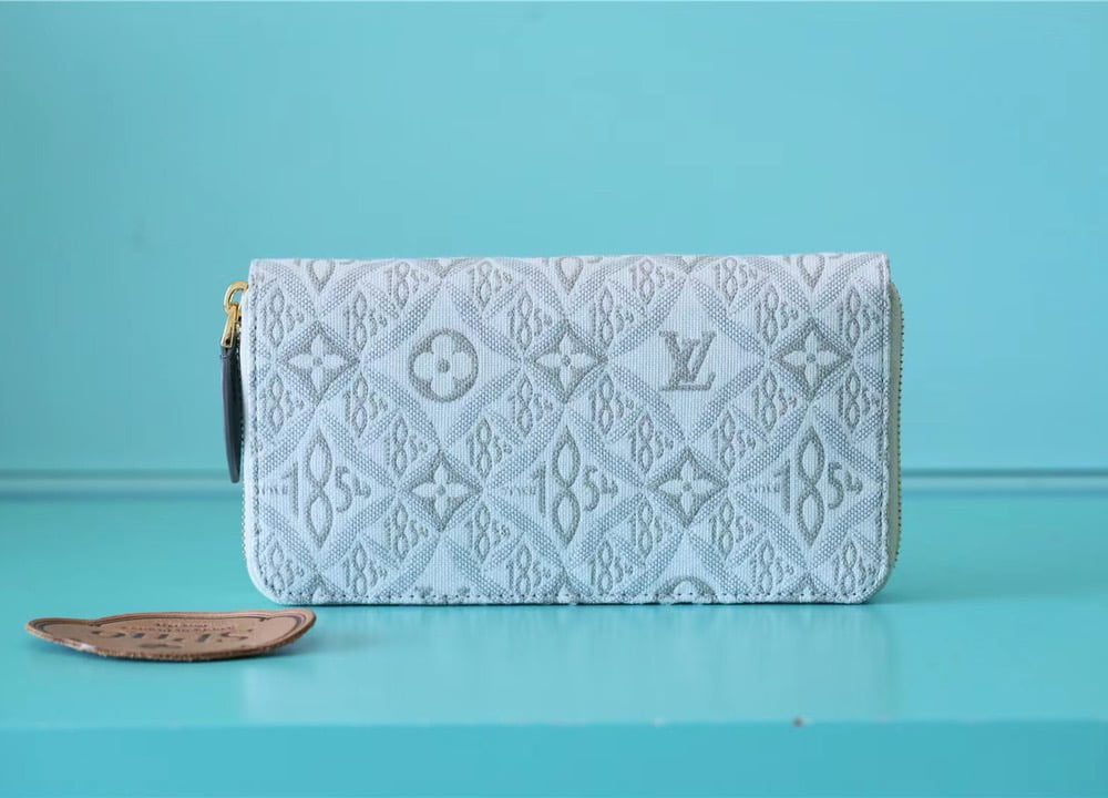 1:1 Replica Louis Vuitton Zippy Wallet Since 1854 Jacquard Canvas Ecru Blue For Women, Women's Wallets 7.7in/19.5cm LV