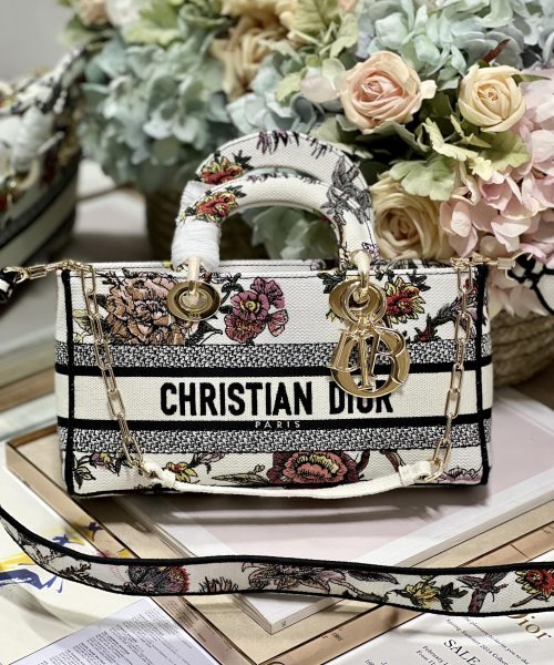 1:1 Replica Medium Lady D-Joy Bag White/Black For Women 10in/26cm