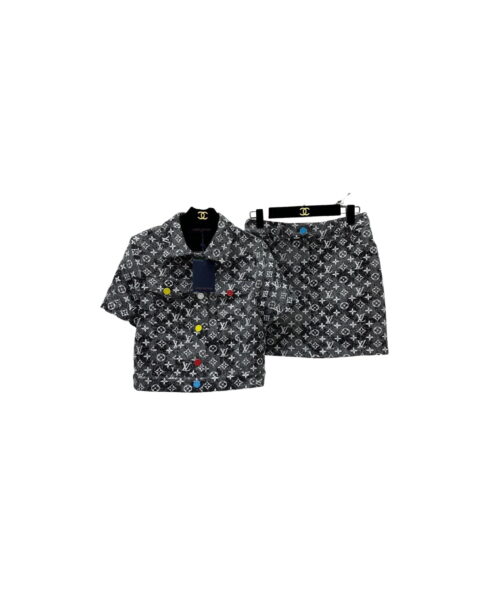 Multicolor Buttons Jacket And Skirt Black For Women