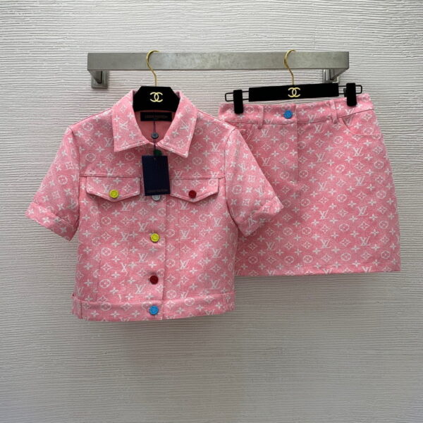 Multicolor Buttons Jacket And Skirt Pink For Women