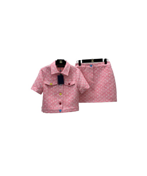 Multicolor Buttons Jacket And Skirt Pink For Women
