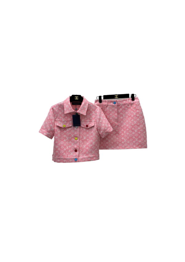 Multicolor Buttons Jacket And Skirt Pink For Women
