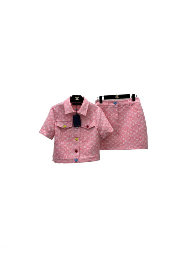 Multicolor Buttons Jacket And Skirt Pink For Women