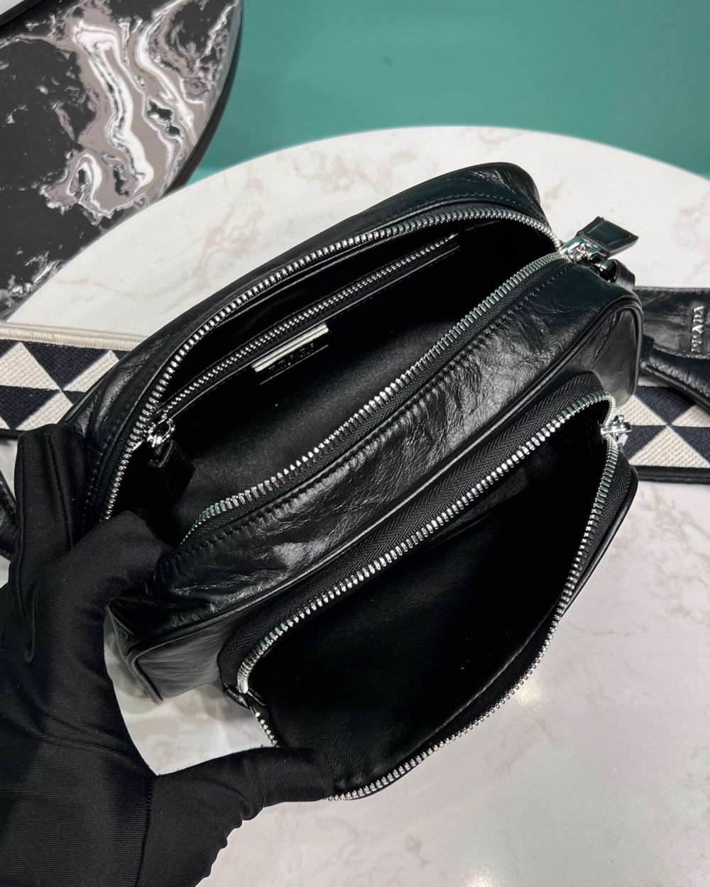 Nappa Antique Multi-Pocket Shoulder Bag In Grey/Black/Pink For Women 8.6 in/ 22cm 1BH198_UVL_F0480_V_4OO