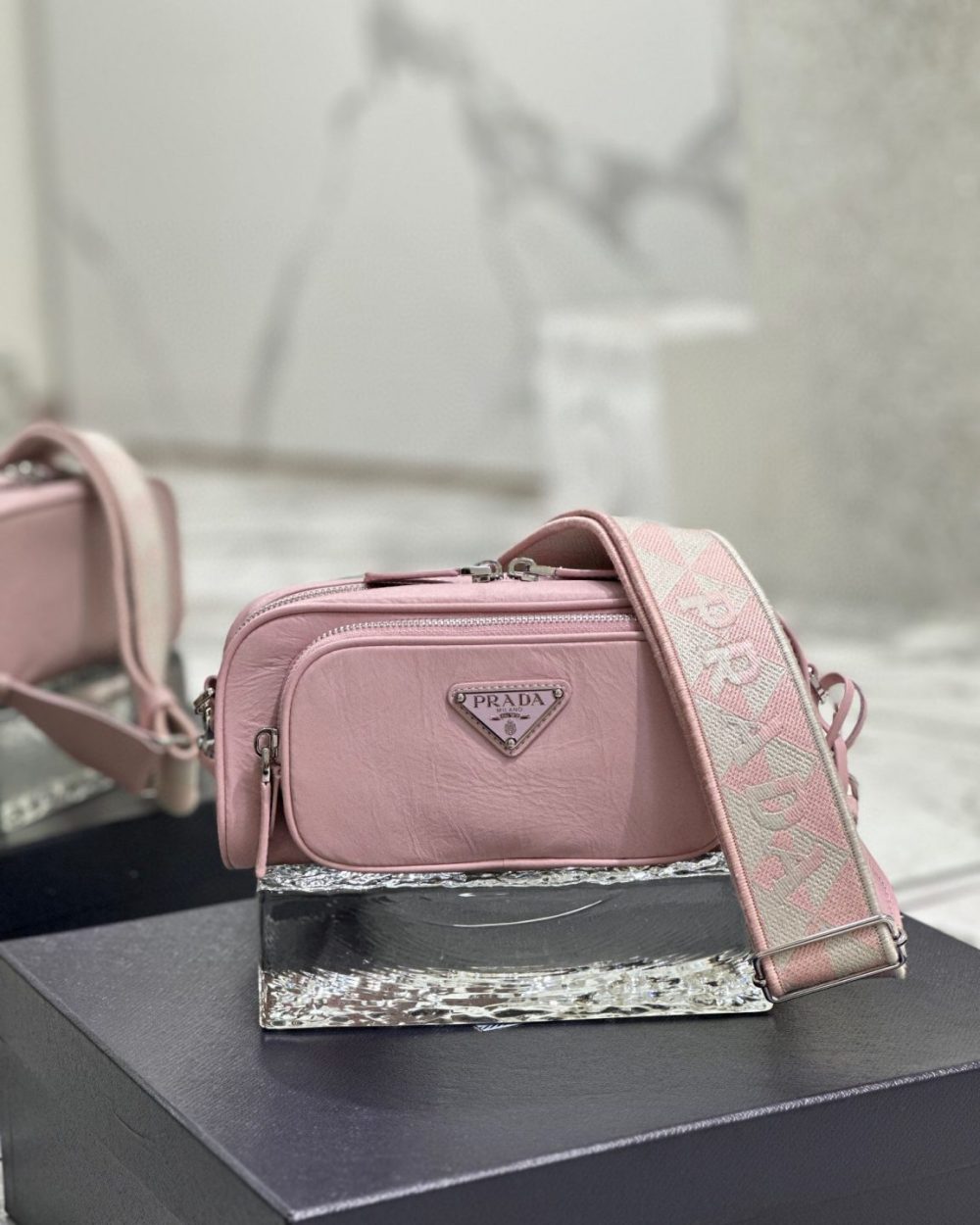 Nappa Antique Multi-Pocket Shoulder Bag In Grey/Black/Pink For Women 8.6 in/ 22cm 1BH198_UVL_F0480_V_4OO