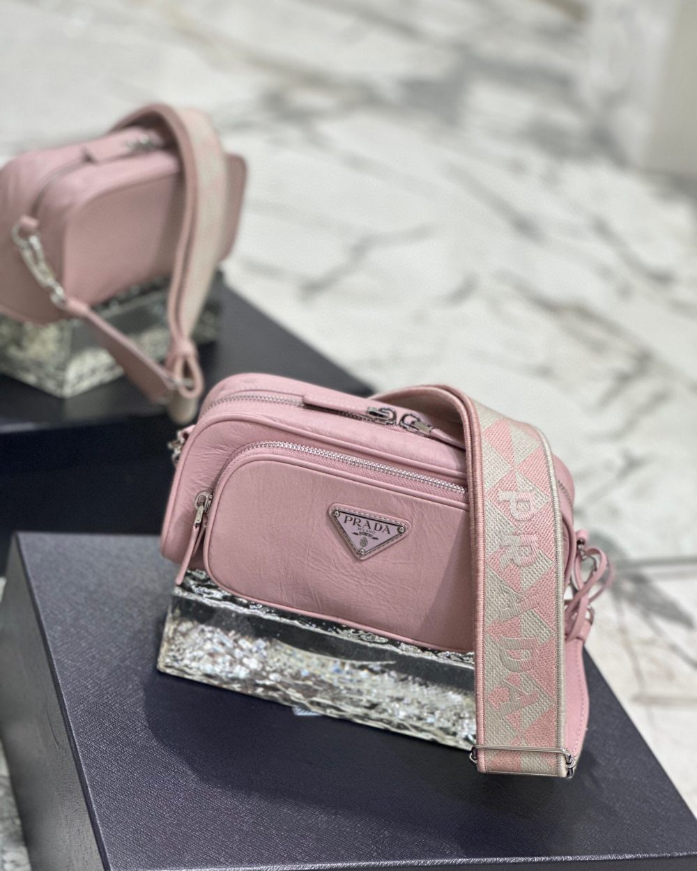 Nappa Antique Multi-Pocket Shoulder Bag In Grey/Black/Pink For Women 8.6 in/ 22cm 1BH198_UVL_F0480_V_4OO