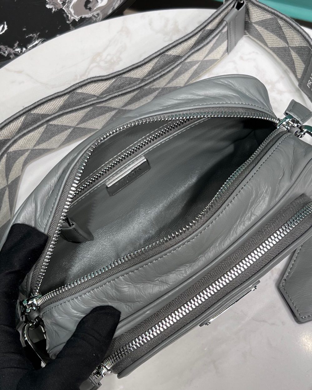 Nappa Antique Multi-Pocket Shoulder Bag In Grey/Black/Pink For Women 8.6 in/ 22cm 1BH198_UVL_F0480_V_4OO