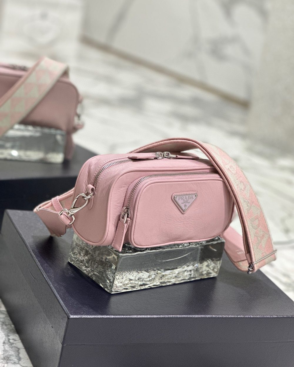 Nappa Antique Multi-Pocket Shoulder Bag In Grey/Black/Pink For Women 8.6 in/ 22cm 1BH198_UVL_F0480_V_4OO