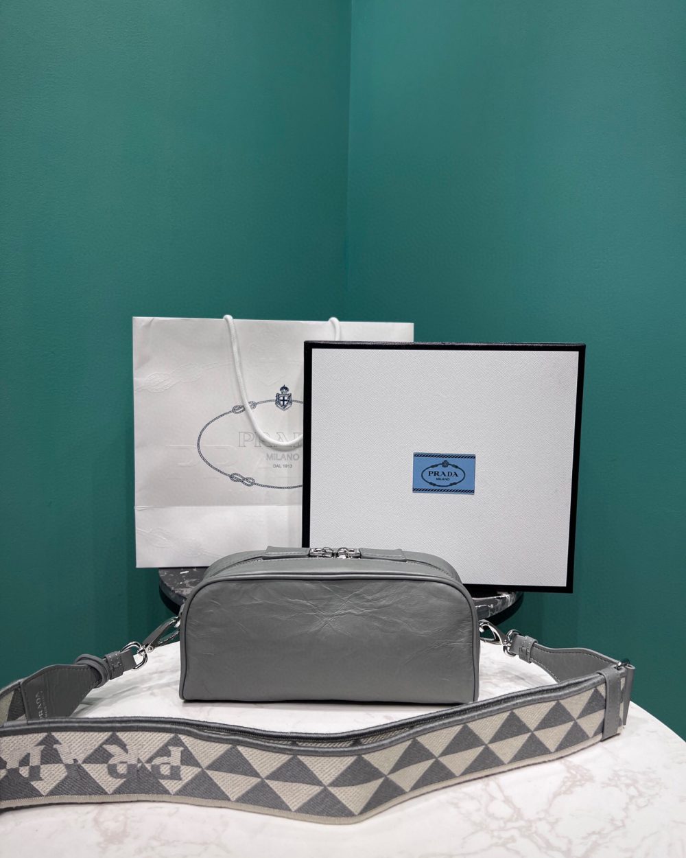 Nappa Antique Multi-Pocket Shoulder Bag In Grey/Black/Pink For Women 8.6 in/ 22cm 1BH198_UVL_F0480_V_4OO