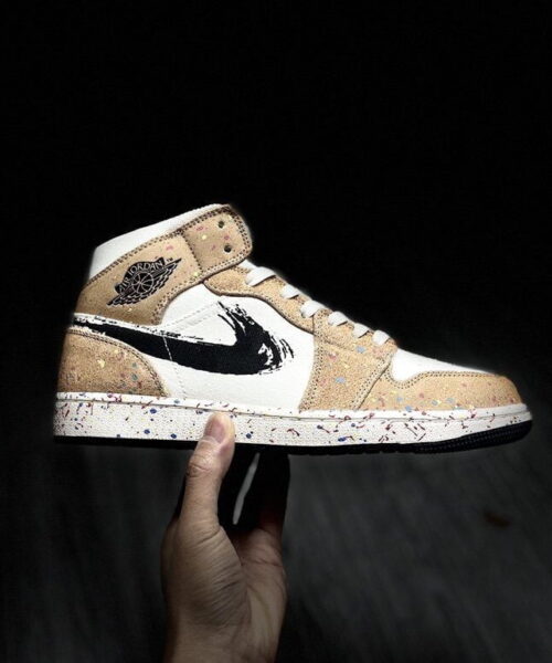 Nike Air Jordan 1 Mid Beige With “Brushstroke” Sneaker For Women,Women's Shoes