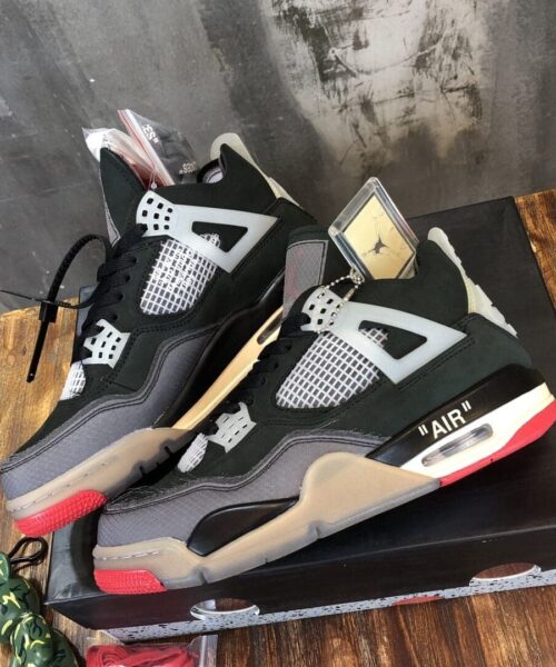 Nike Air Jordan 4 Off White Bred Pk God Factory in Black Sneaker For Women, Women's Shoes