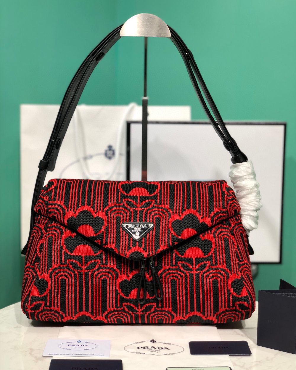 Padded Jacquard Prada Signaux Bag In Red For Women 13in/ 33cm