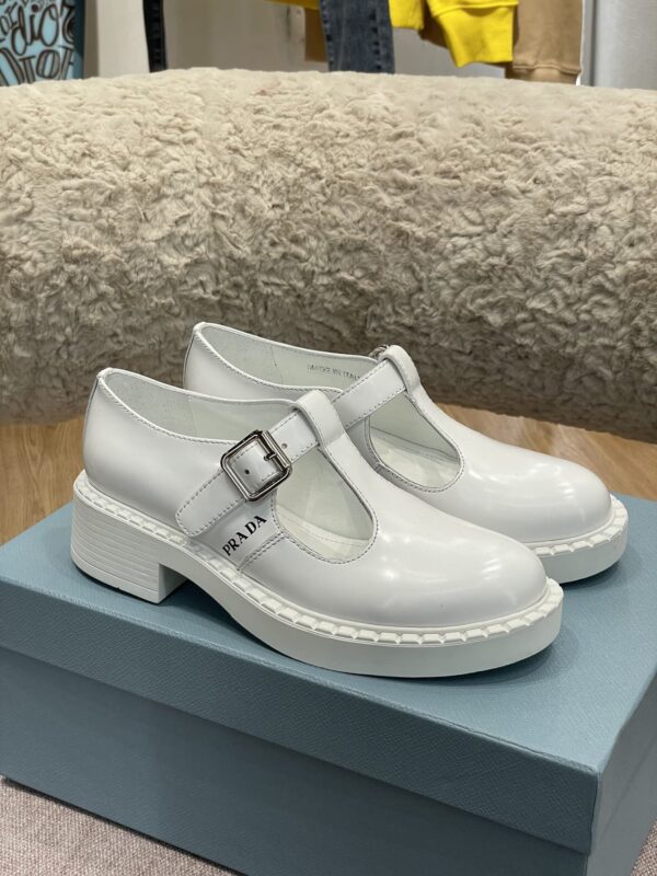 Prada Brushed Mary Jane T-strap Shoes White For Women 2in/50mm PRD 1E834M_055_F097W_F_B050