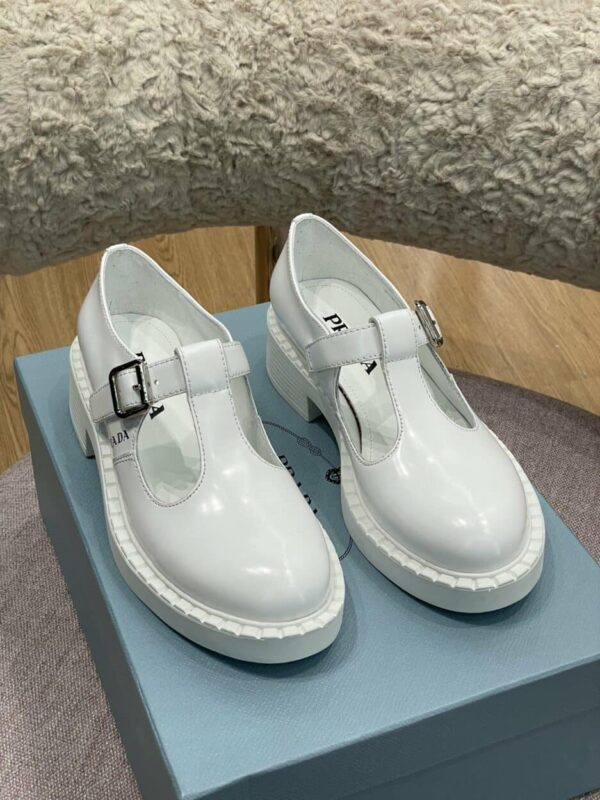 Prada Brushed Mary Jane T-strap Shoes White For Women 2in/50mm PRD 1E834M_055_F097W_F_B050