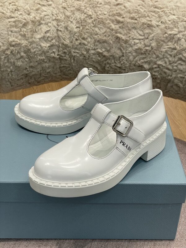 Prada Brushed Mary Jane T-strap Shoes White For Women 2in/50mm PRD 1E834M_055_F097W_F_B050