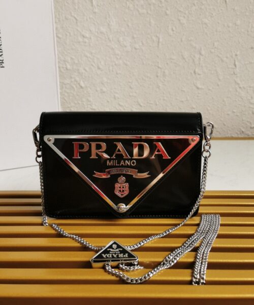 Prada Brushed Shoulder Bag Black For Women, Women's Bags 6.7in/17cm