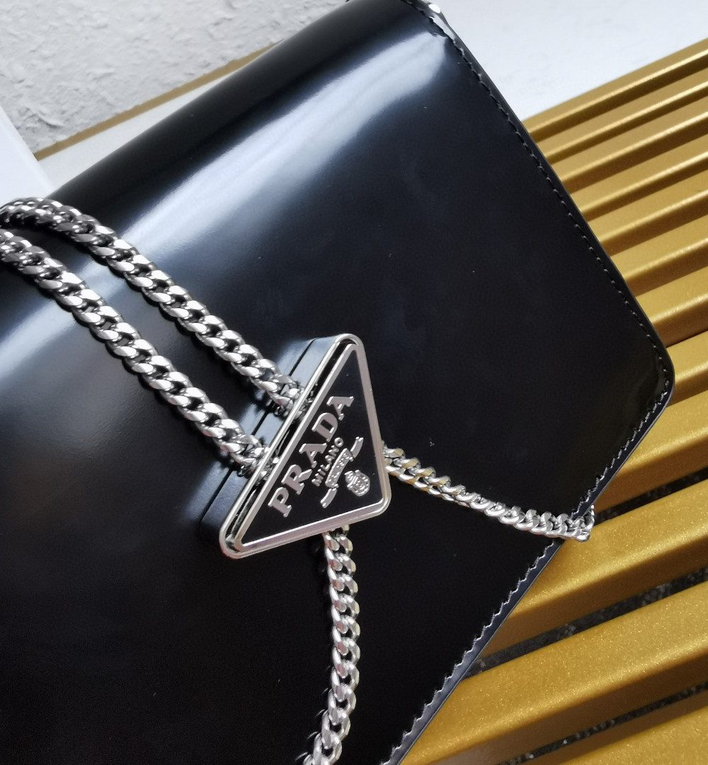 Prada Brushed Shoulder Bag Black For Women, Women's Bags 6.7in/17cm