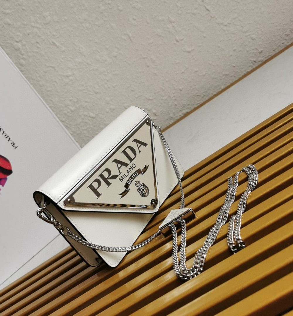 Prada Brushed Shoulder Bag White For Women, Women's Bags 6.7in/17cm