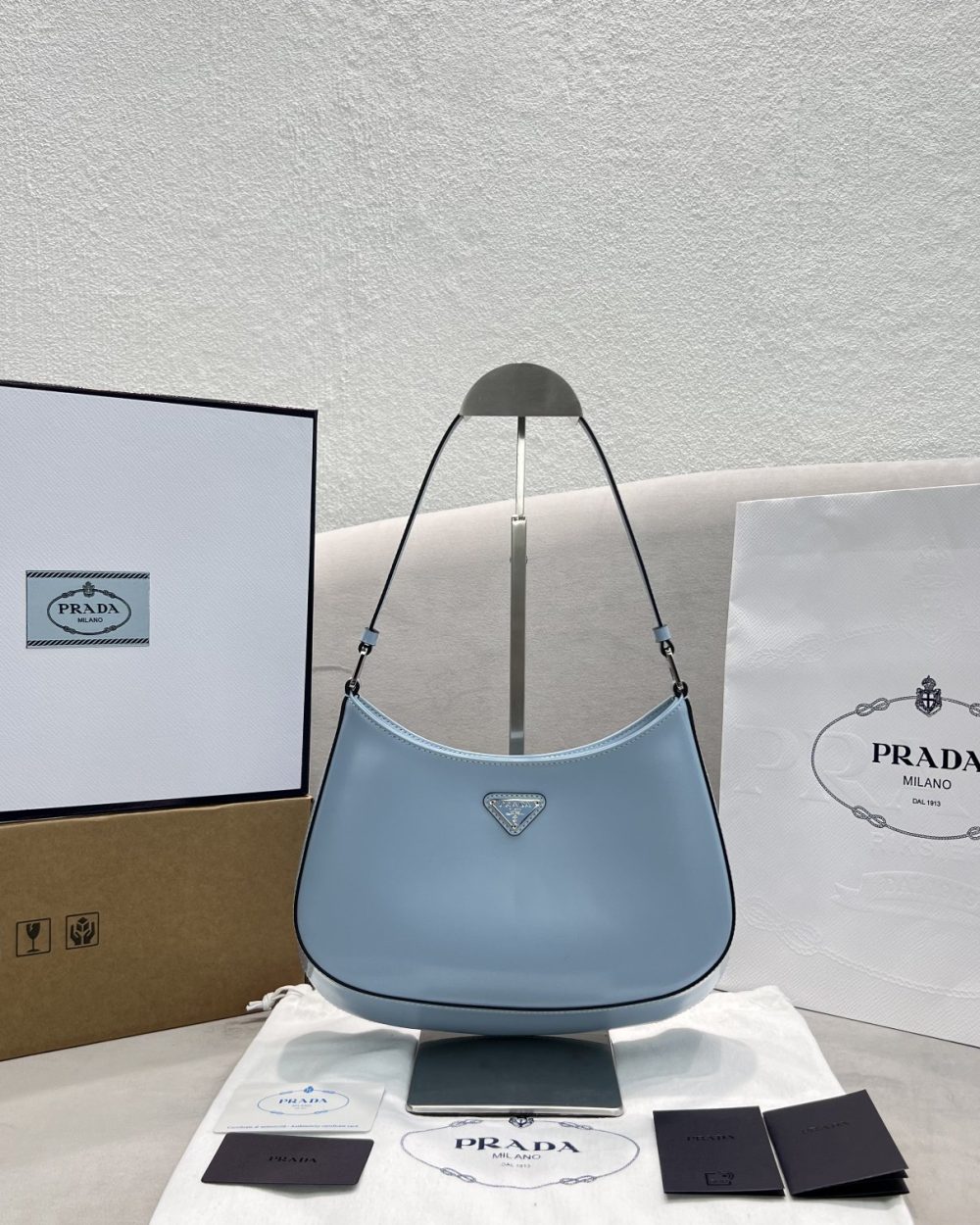 Prada Cleo Brushed Shoulder Bag Blue For Women, Women's Bags 9in/23cm