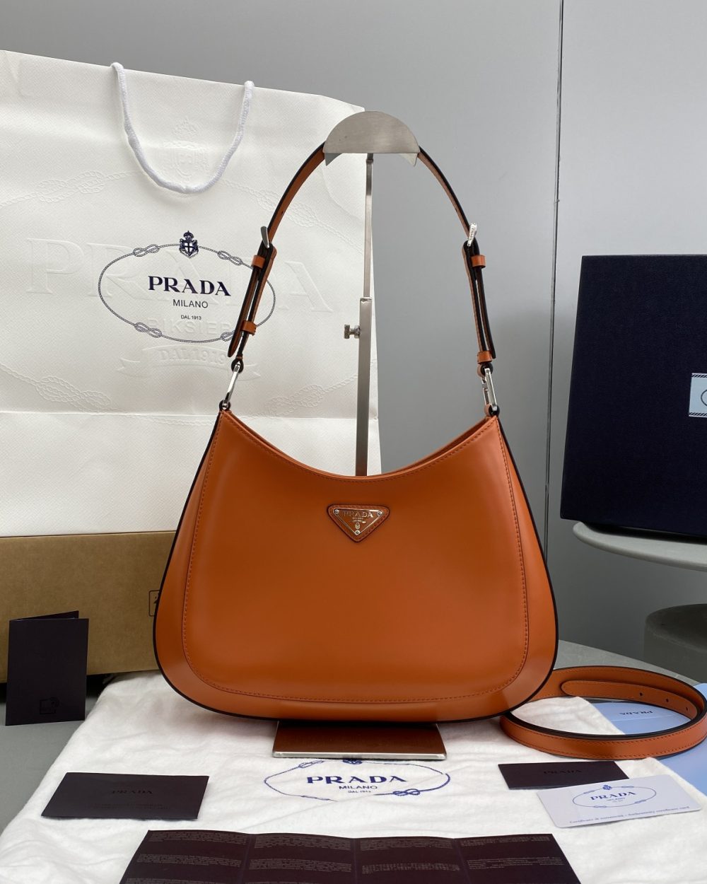 Prada Cleo Brushed Shoulder Bag Orange For Women, Women's Bags 11.8in/30cm