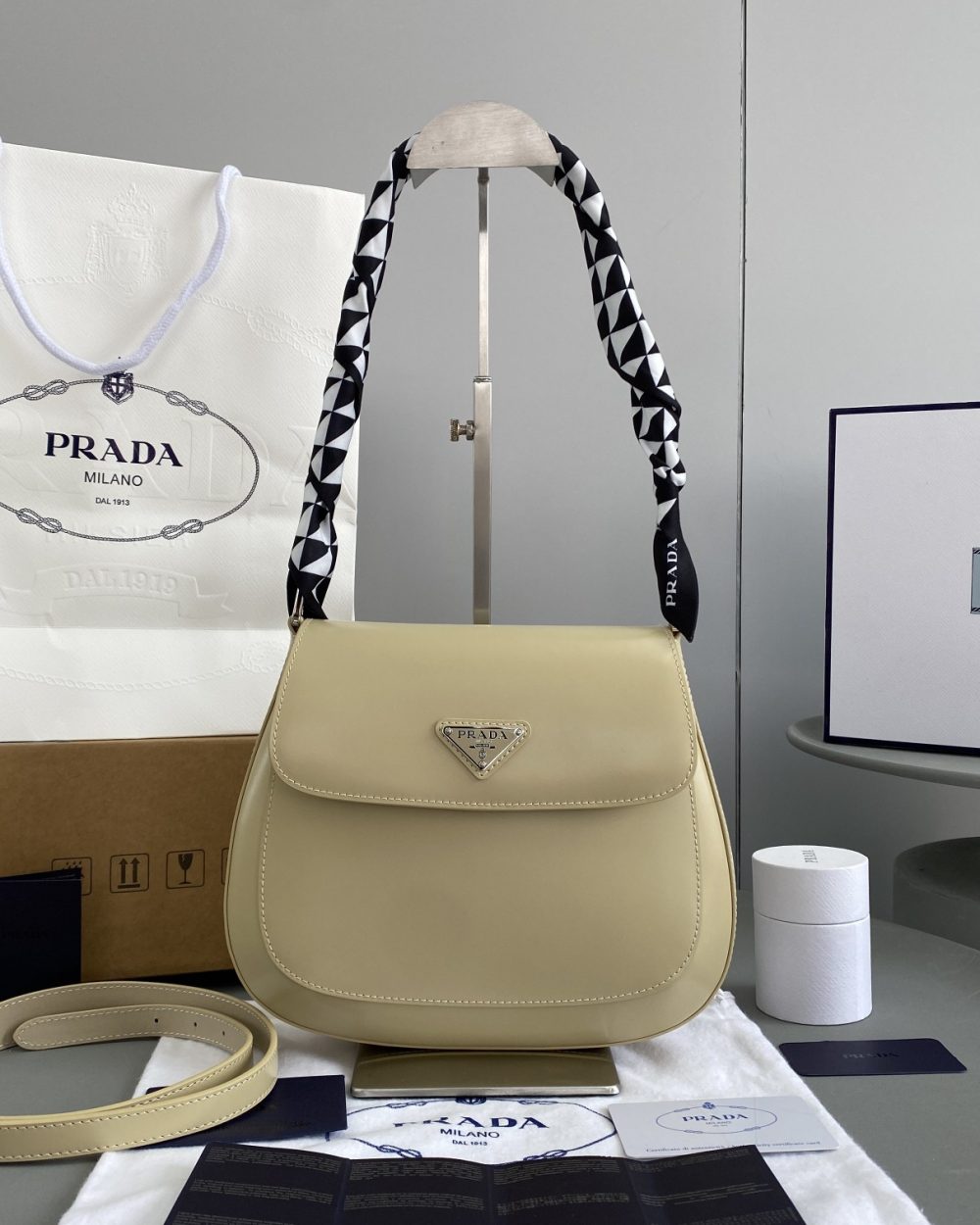 Prada Cleo Brushed Shoulder Bag With Flap Beige For Women, Women's Bags 9in/23cm