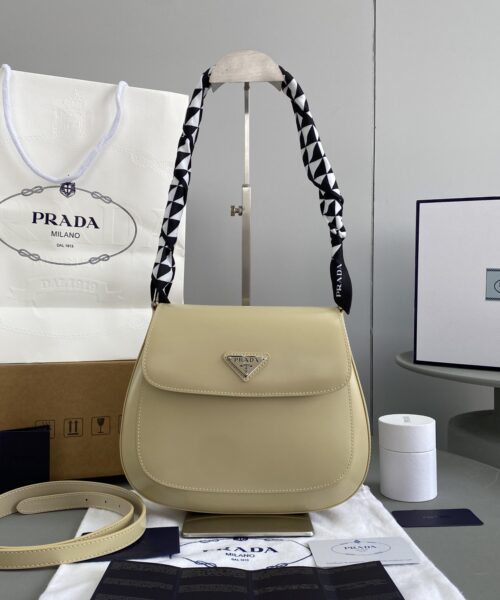Prada Cleo Brushed Shoulder Bag With Flap Beige For Women, Women's Bags 9in/23cm