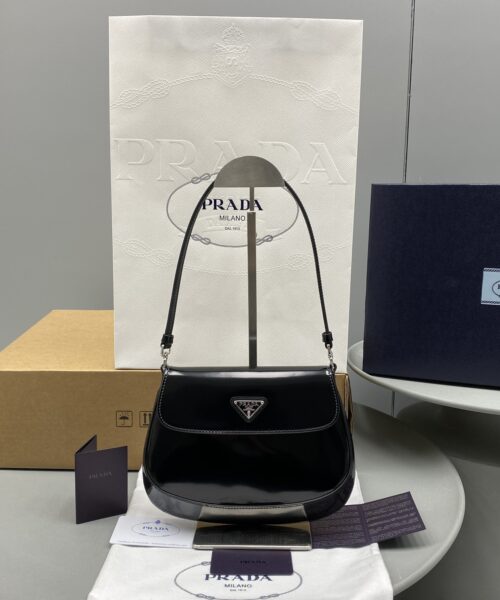 Prada Cleo Brushed Shoulder Bag With Flap Black For Women, Women's Bags 8.6in/22cm 1BD311_ZO6_F0002_V_OOO