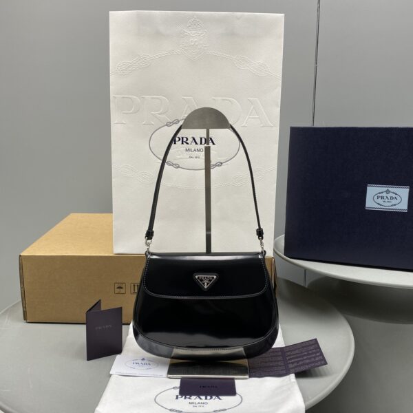 Prada Cleo Brushed Shoulder Bag With Flap Black For Women, Women's Bags 8.6in/22cm 1BD311_ZO6_F0002_V_OOO