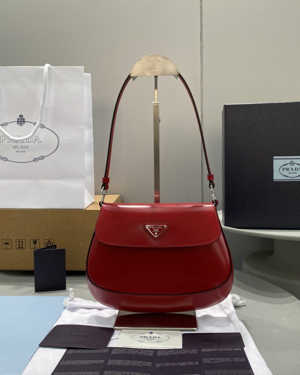 Prada Cleo Brushed Shoulder Bag With Flap Red For Women, Women's Bags 8.6in/22cm 1BD311_ZO6_F02SB_V_OOO