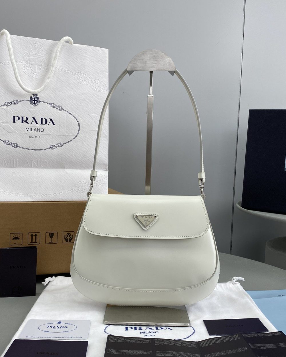 Prada Cleo Brushed Shoulder Bag With Flap White For Women, Women's Bags 8.6in/22cm 1BD311_ZO6_F0009_V_OOO