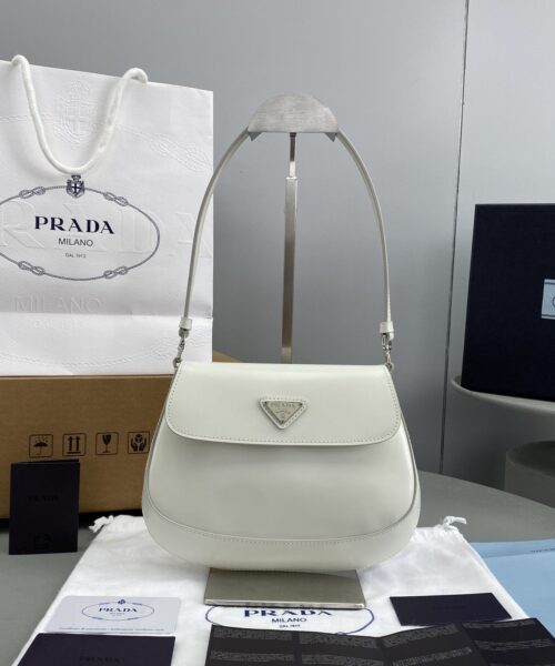 Prada Cleo Brushed Shoulder Bag With Flap White For Women, Women's Bags 8.6in/22cm 1BD311_ZO6_F0009_V_OOO