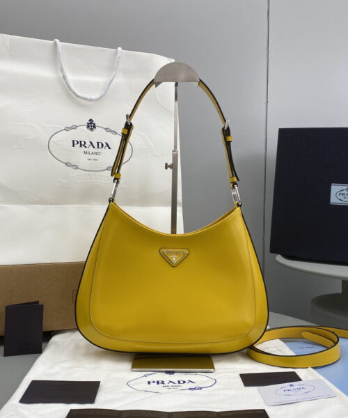 Prada Cleo Brushed Shoulder Bag Yellow For Women, Women's Bags 11.8in/30cm