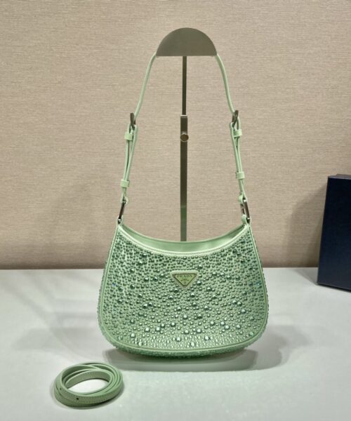 Prada Cleo Satin Bag With Crystals Beige For Women, Women's Bags 8.6in/22cm