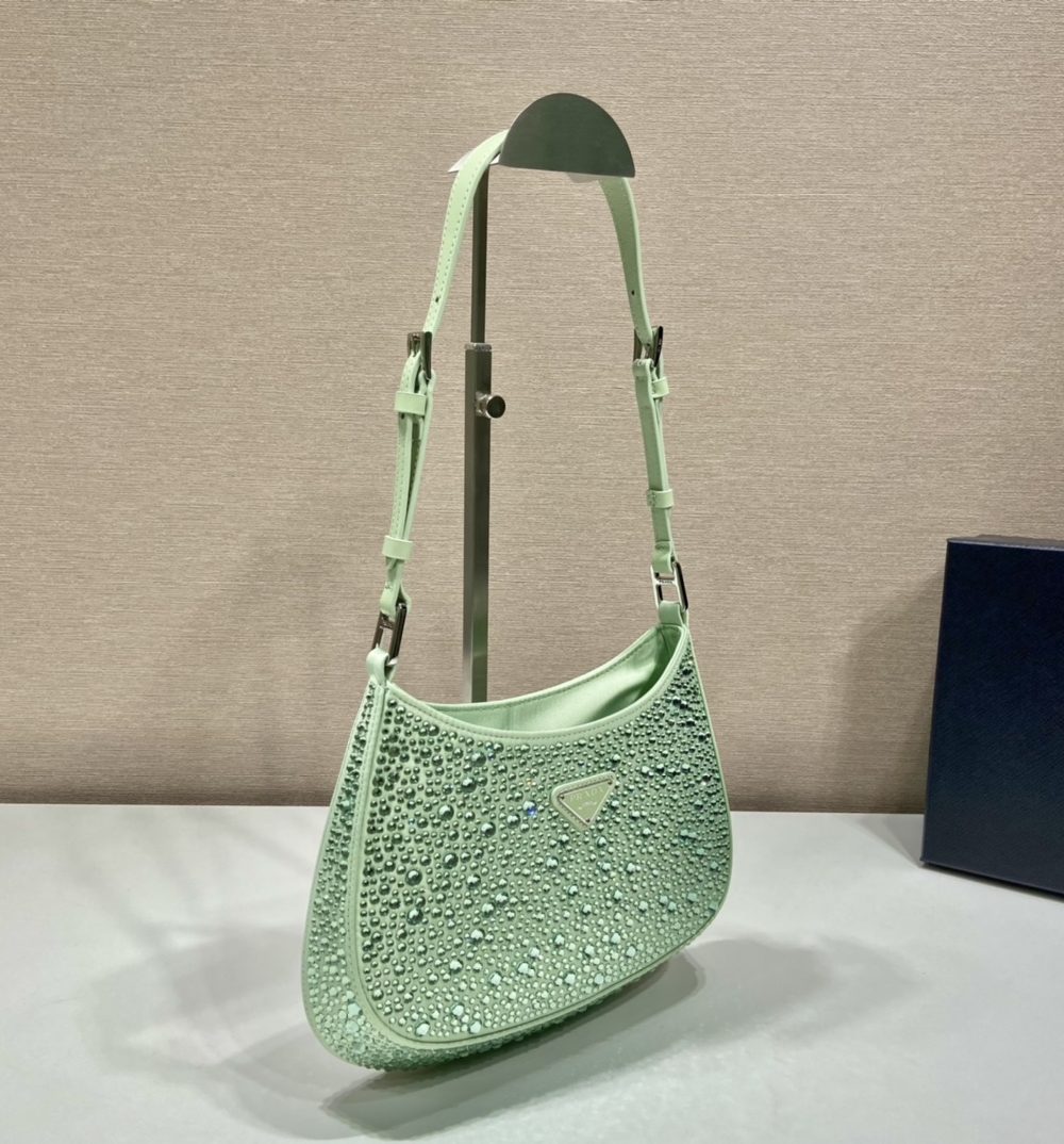 Prada Cleo Satin Bag With Crystals Beige For Women, Women's Bags 8.6in/22cm