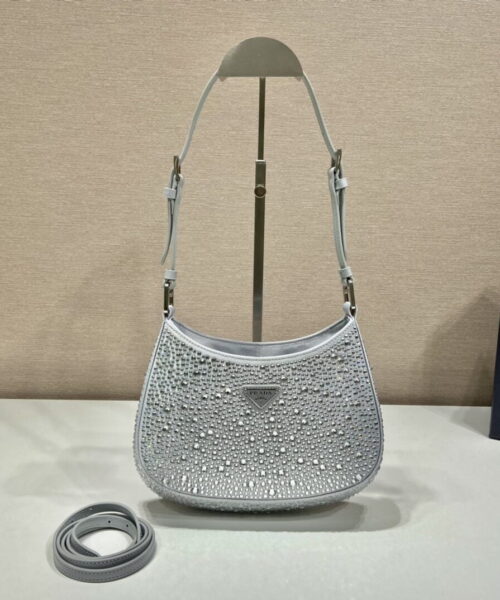 Prada Cleo Satin Bag With Crystals Silver For Women, Women's Bags 8.6in/22cm 1BC169_2AWL_F0934_V_HOO