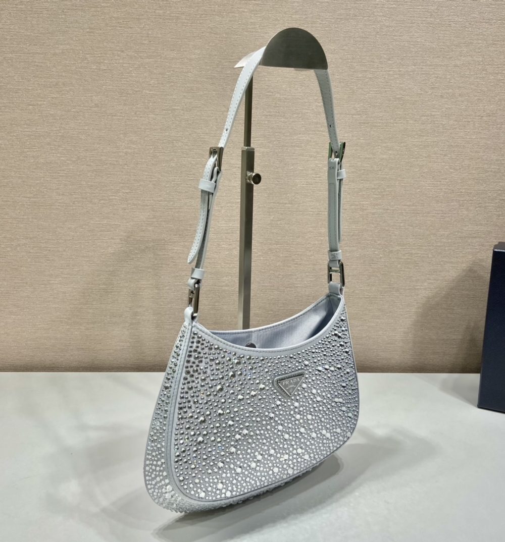 Prada Cleo Satin Bag With Crystals Silver For Women, Women's Bags 8.6in/22cm 1BC169_2AWL_F0934_V_HOO