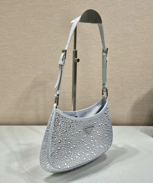 Prada Cleo Satin Bag With Crystals Silver For Women, Women's Bags 8.6in/22cm 1BC169_2AWL_F0934_V_HOO