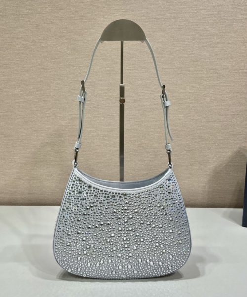 Prada Cleo Satin Bag With Crystals Silver For Women, Women's Bags 8.6in/22cm 1BC169_2AWL_F0934_V_HOO