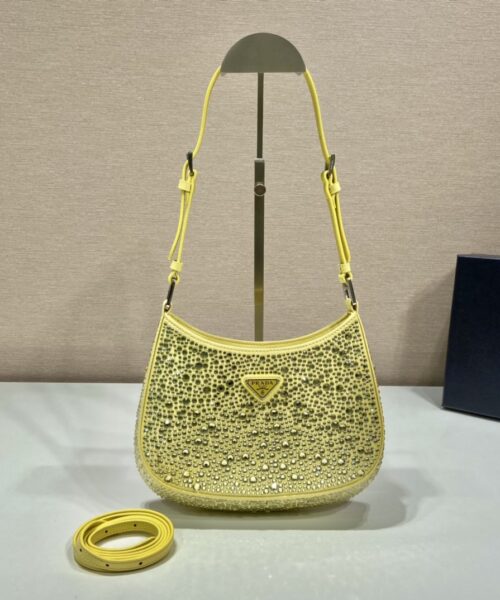 Prada Cleo Satin Bag With Crystals Yellow For Women, Women's Bags 8.6in/22cm 1BC169_2AWL_F068X_V_HOO