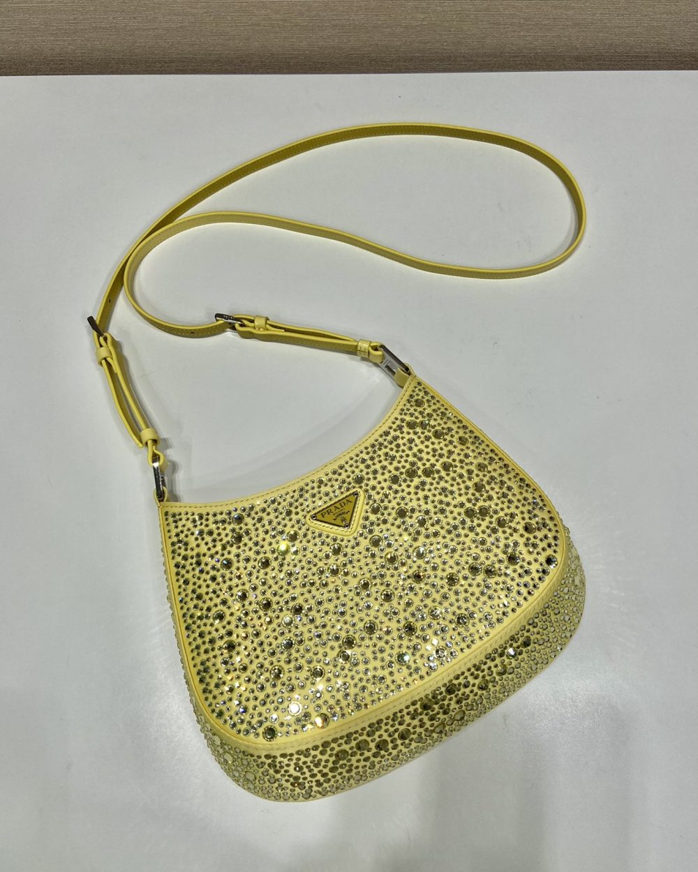 Prada Cleo Satin Bag With Crystals Yellow For Women, Women's Bags 8.6in/22cm 1BC169_2AWL_F068X_V_HOO